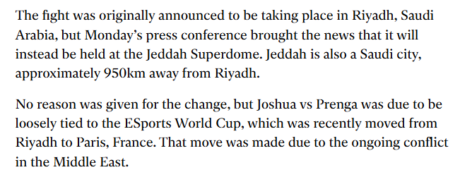hoffasaurusx's tweet photo. Anthony Joshua vs Kristian Prenga fight for July is being moved from Riyadh to Jeddah. Some outlets are speculating it's being moved in connection to the Esports World Cup's move and the concerns about the ongoing conflict. https://t.co/n7tyaFGsC5