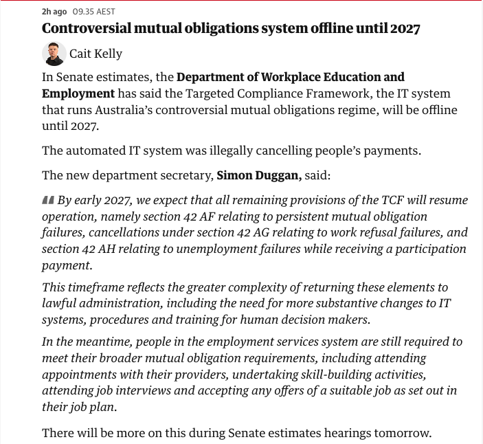 antipovertycent's tweet photo. The media is focused on the minimum wage announcement, so the Albanese government announces that they're going to start cancelling Centrelink payments again using the exact same unlawful tool.

Millions of payment suspensions are still happening, the system is not offline. https://t.co/EfPGKrDHj9