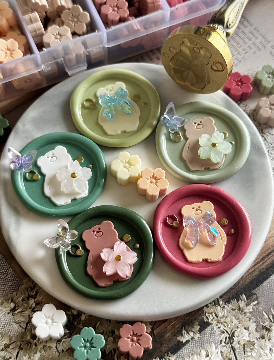 桜シャカシャカ ふむくまちゃん＆桜ワックスパレット🧸🌸 #シーリングスタンプ #FooRow