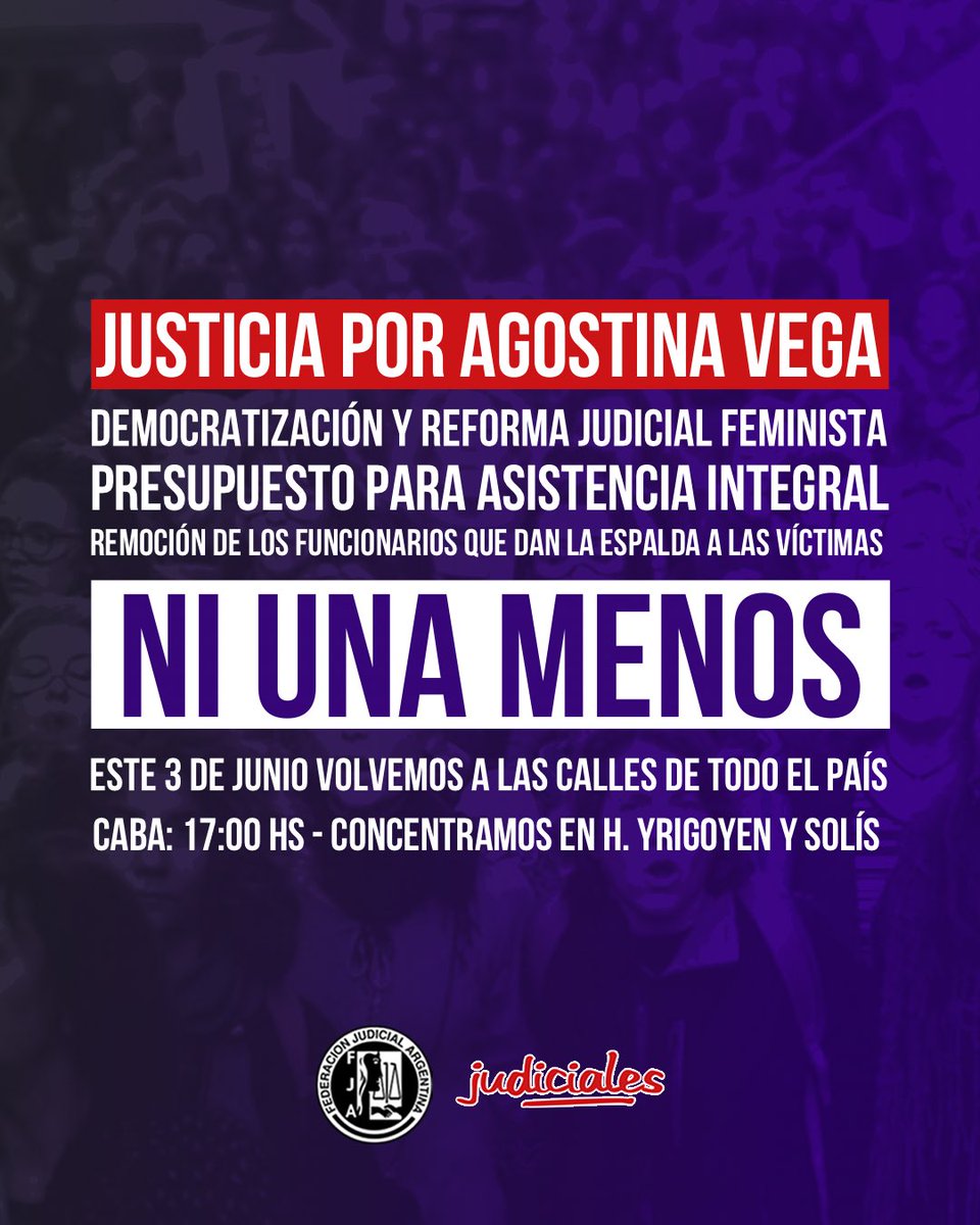 FJAJudiciales's tweet photo. Ni Una Menos: volvemos a las calles 💜

La FJA convoca a movilizar este 3 de junio en todo el país por justicia para Agostina Vega, contra la violencia de género y por una reforma judicial con perspectiva feminista. ⚖️

Nos queremos vivas ✊

#NiUnaMenos #3J #FJA https://t.co/bcKHn1LSLW