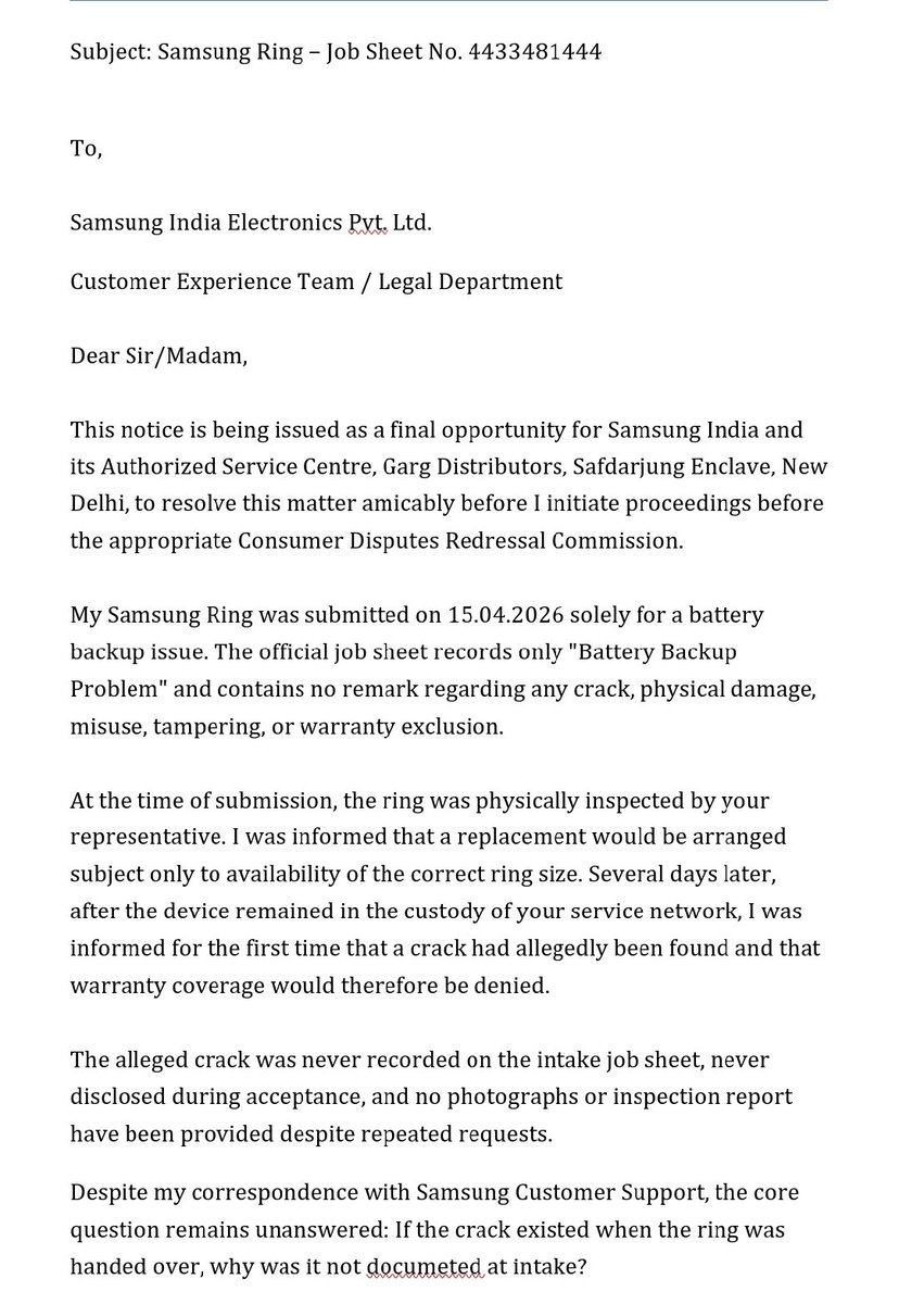 mayankjain's tweet photo. @SamsungIndia @SamsungUS
@SamsungCustomer @jaagograhakjago
@nch1915
I am posting this letter which I have sent to customer care and how Samsung is trying to sell me same story, even after I mailed them. They didn't even reply to me and are trying to make me pay for new product. https://t.co/hrEaXtoA4i