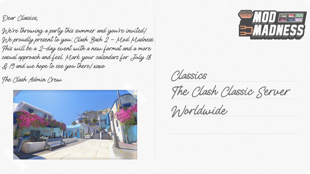 theclashclassic's tweet photo. On July 18 &amp; 19, 2026, we proudly present something a little more...tropical. Introducing Clash Bash 2: Mod Madness! 🌴🏖️ 1/2 https://t.co/alsEpgqWGd
