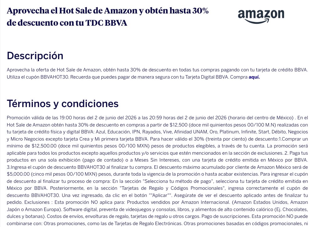 LowMyPrice's tweet photo. 🚨 Ojo con el cupón BBVAHOT30 para Amazon MX.

BBVA primero lo publicó para el 1 de junio, luego lo movió al 2 de junio de 2026, de 7:00 a 8:59 pm.

💳 TDC BBVA
🛒 Mín. $12,500
💰 Hasta 30%, tope $5,000
Amazon aún no lo publica. Ten el carrito listo: suelen volar. https://t.co/XPyTV1UicL