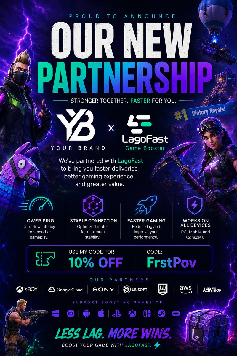 frstpov's tweet photo. Excited to announce that I'm officially partnered with @LagoFastBooster! 🏃‍♂️

LagoFast helps reduce lag, improve connection stability, and optimize your gaming experience across multiple platforms. 📈

Use my code "FrstPov" for 10% OFF your purchase! ⚡

#LagoFast #Gaming #Fortnite