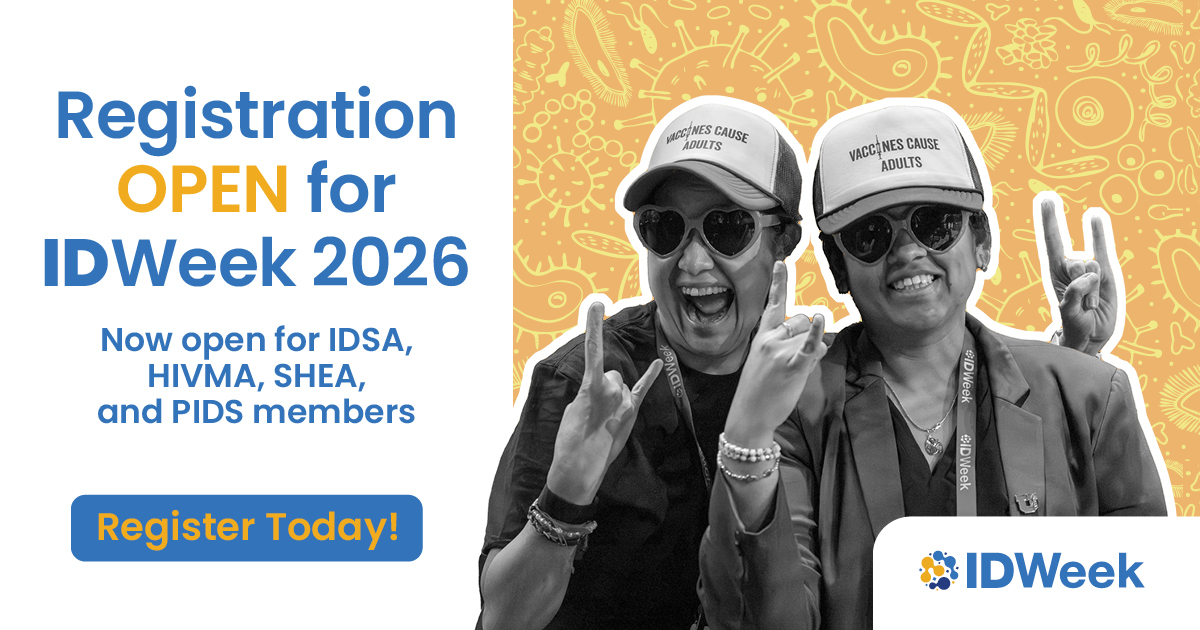 IDSAInfo's tweet photo. Members of @IDSAInfo, @HIVMA, @SHEA_Epi and @PIDSociety: Save on IDWeek2026 registration before it opens to the public tomorrow, June 2! https://t.co/nCEsuQbvzH https://t.co/YgrArVU0YJ