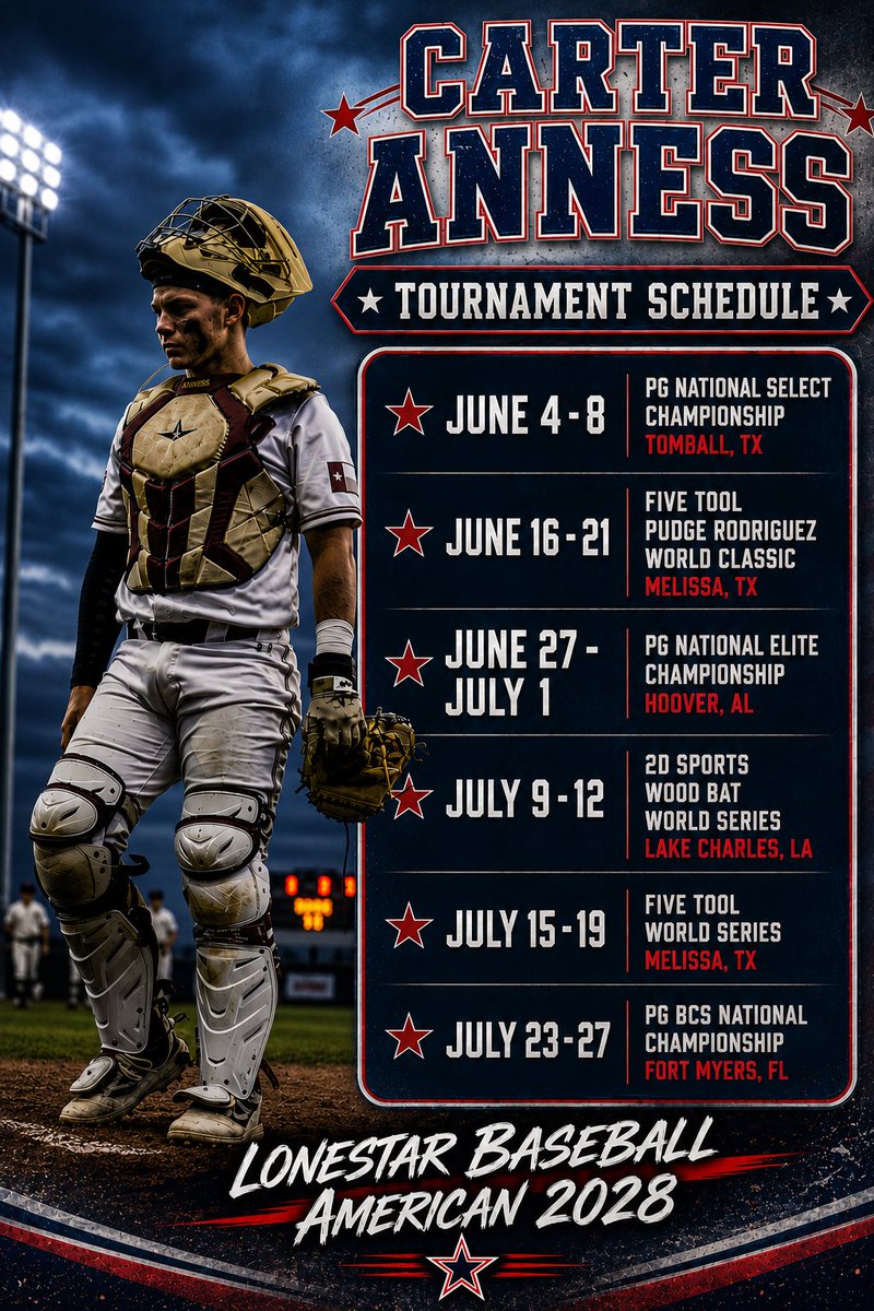 CarterAnness10's tweet photo. Summer ball schedule! Can’t wait to get back to work! @BsblDavenport @LonestarBSBclub https://t.co/idknk15MoN