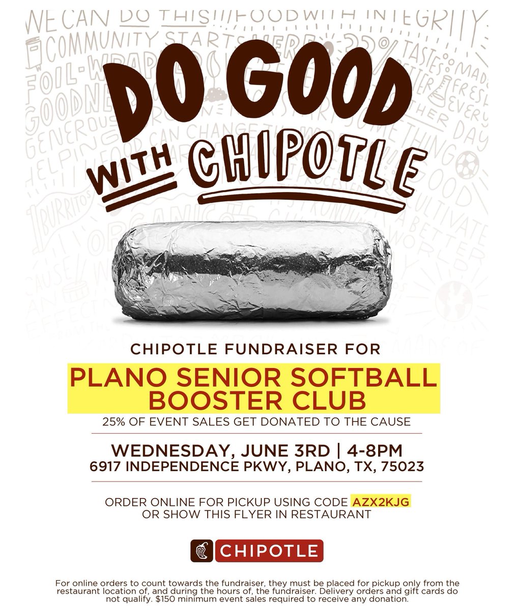 planosoftball's tweet photo. Chipotle is on the menu this Wednesday evening, June 3rd!
📍 Stop by:  Legacy &amp; Independence
🌮 In-Store: Just mention Plano Softball (or bring the flyer)
🚗 Pickup Orders: Use Code AZX2KJG (or bring the flyer)
Thanks for supporting 🥎 Plano Softball 🥎 https://t.co/3xiWMmSM1Y