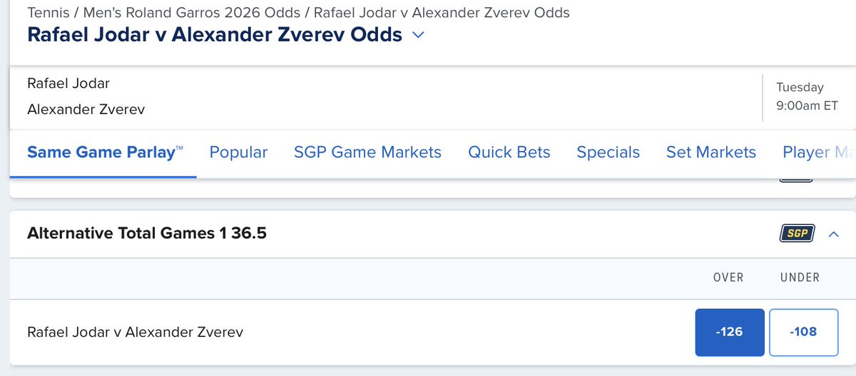 DTLTennisBets's tweet photo. ‼️ 5U can't lose play of the day ‼️ 

Jodar Zverev over 36.5 games -126 🎾 

I wanted originally to just rip it all on the over 3.5 sets, but at a current price of -174 I thought there was much better value here

What I had to debate was could there be four sets, but go under the 36.5 games. The answer is of course yes but in order for that to happen it would have to be like 6-3 3-6 6-3 6-3 which is unlikely with these two serves OR a 6-0 6-1 type set which I don't see happening either

If you don't want to sweat out games you can just take the over 3.5 sets, but you'll be paying a much higher price

#RolandGarros #Gambling𝕏