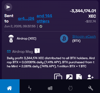 Bitcoin__eCash's tweet photo. We've lowered the risk to a medium level with a medium return, so today's $BTX profit share is 3,344,174 $XEC, which has been distributed to all $BTX holders. 

Airdrop $BTX = 0.02061% daily (7.41% APY).
Purchased $BTX from the mint = 2.061% daily (741% APY). https://t.co/hpQekeTcPW