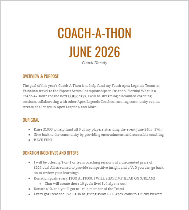 AyyeUnruly's tweet photo. STARTING TONIGHT, I WILL BE DOING WHAT NO OTHER COACH HAS DONE! I WILL BE DOING MY FIRST EVER "COACH-A-THON"! 

For the next FOUR days, I will be streaming and coaching players and teams like yourselves to raise money to help fund my Youth Apex Teams trip to ESC ORLANDO!

Discounted coaching sessions! Meet and 1v1 the kids! Giveaways! Challenges in Game! If we reach our goal of $1000 I will have one of the boys shave my head! 

The best part is YOU GUYS MAKE THE INCENTIVES! I need your help making 10 Challenges/Punishment/Rewards for every $100 donated!

Come support the Ravens and see you soon at https://t.co/XXNvKLgTiF !