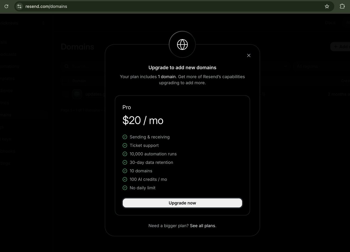 GerickNews's tweet photo. Ran into a wall just now that's forcing another paid upgrade. (Not a complaint—just reality.)

So far I'm using Resend for user-related emails. Now I want people to notifications when new documents are added to a jurisdiction they track. https://t.co/pH0Khngki3