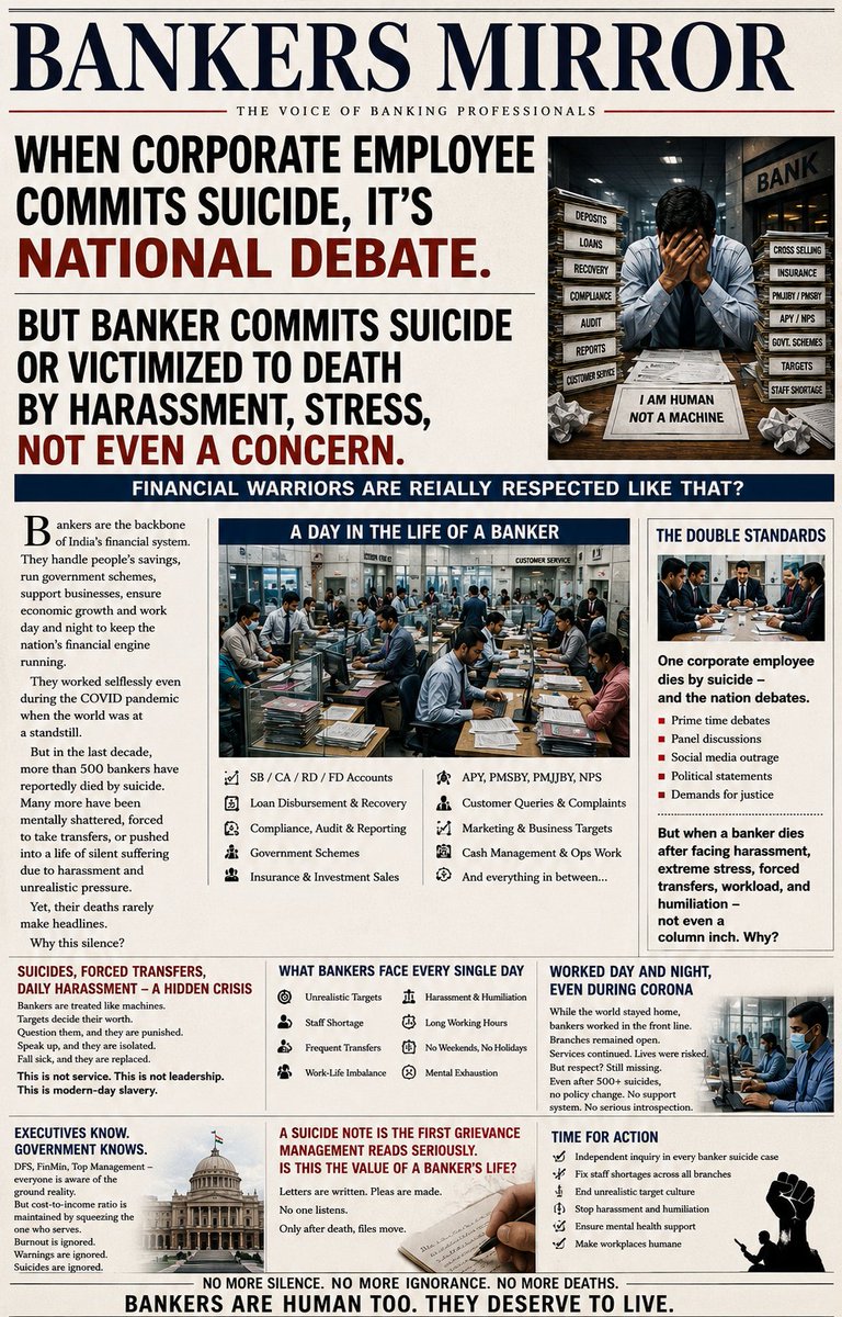 bankaffairs's tweet photo. We are called the "Financial Warriors" of the nation. #BankersLivesMatter or not 

But when bankers face harassment, crushing workloads, forced transfers, mental stress, or even lose their lives, where is the national debate?

Where are the prime-time discussions?
Where are the independent studies?
Has any regulator conducted a comprehensive analysis of banker suicides, workplace stress, or transfer-related trauma?

Bankers kept branches running during COVID. We implement government schemes, handle public money, support businesses, and drive financial inclusion.

Yet many feel invisible.

Do bankers' lives matter only when targets are achieved?

Respect cannot be limited to speeches and slogans. It must include accountability, humane policies, and concern for the people behind the counters.

@idesibanda @DFS_India @RBI @nsitharaman @RahulGandhi