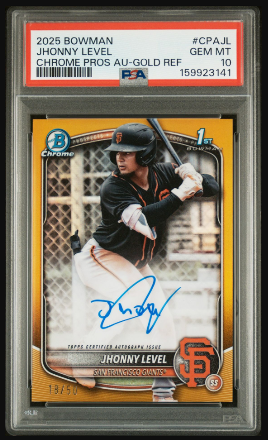 buddmancards's tweet photo. 2025 Bowman Jhonny Level True Gold Auto PSA 10 just gemmed https://t.co/p7kWQGt0Cf