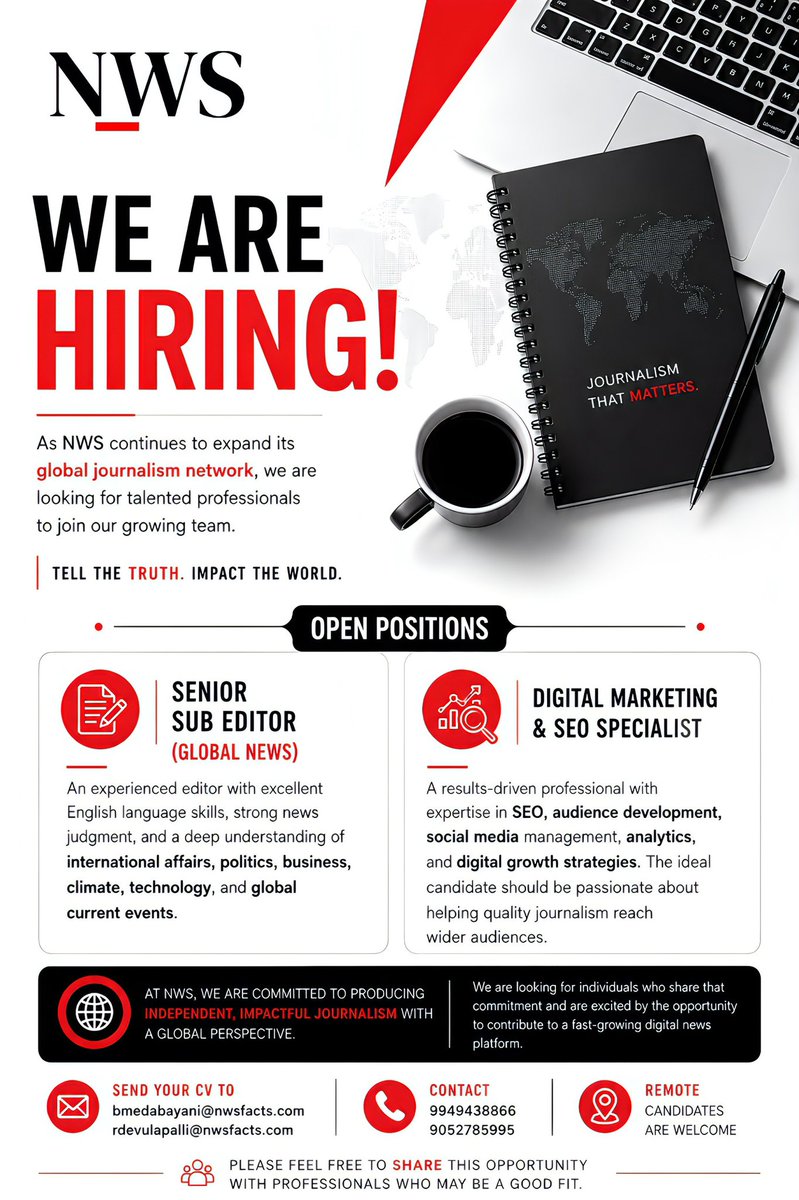 Balakrishna096's tweet photo. The world doesn’t change because of headlines. It changes because of the people behind them.

We’re looking for a passionate Senior Sub Editor and a Digital Marketing & SEO Specialist ready to make an impact.

Join @NWS_Network and help bring important stories to audiences around the world through independent, impactful journalism.

Remote candidates are welcome.

Applications are now open.
@CPJAsia @pressfreedom @MediaJobsIn  @comminternships 

#WeAreHiring #NWS #IndependentJournalism #GlobalNews #JournalismCareers #MediaProfessionals #RemoteJobs #NewsroomJobs #DigitalMedia #JournalismThatMatters
