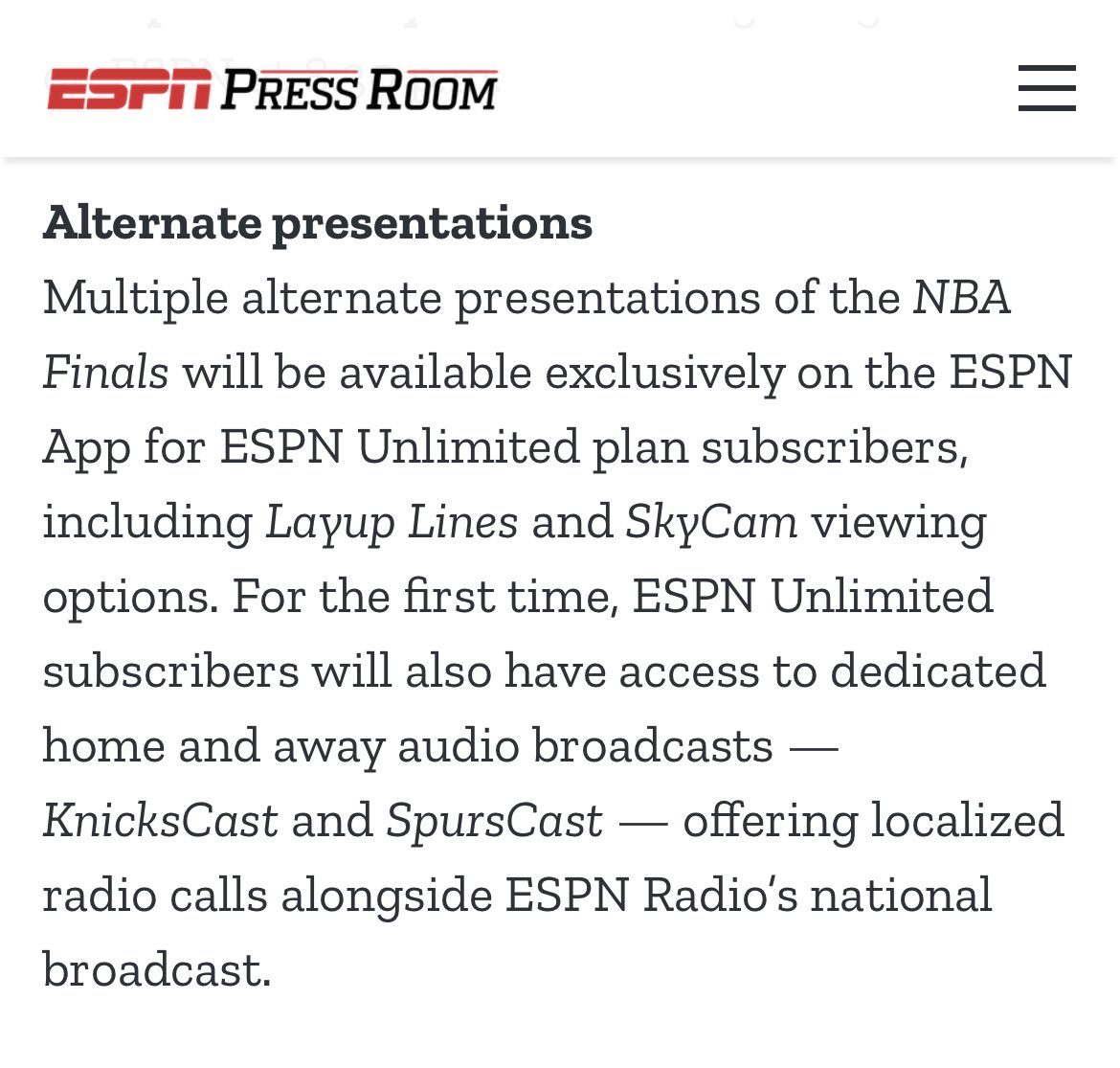 DanWeissPBP's tweet photo. For the first time, ESPN Unlimited subscribers will have access to an alternate Finals broadcast that will be synced with our @1200WOAI broadcast called “SpursCast” #PorVida https://t.co/Pe1HhnZfbr