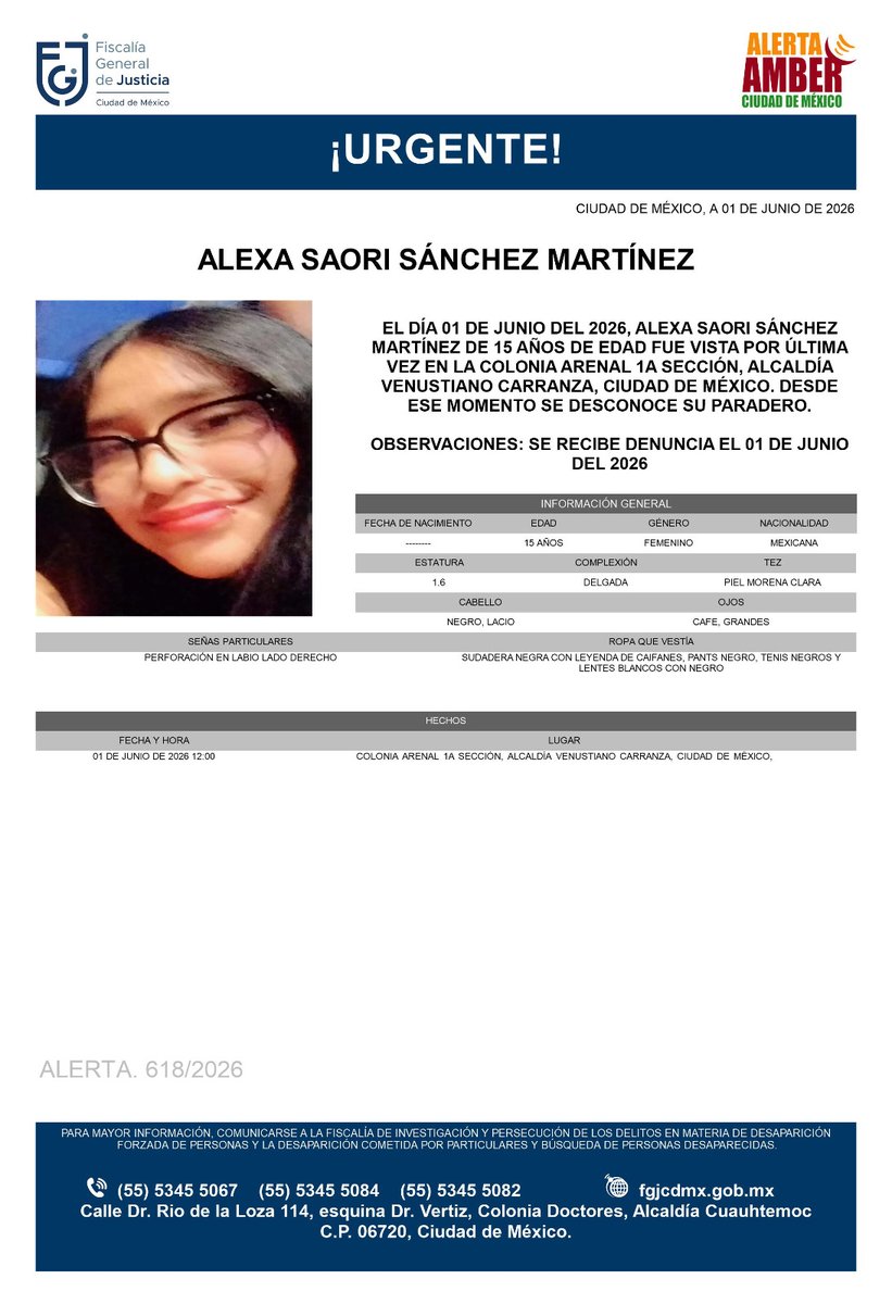 AAmberCDMX's tweet photo. Se activa #AlertaAmber para localizar a Alexa Saori Sánchez Martínez, de 15 años, vista por última vez el 1 de junio, en la colonia Arenal 1A Sección, alcaldía Venustiano Carranza. https://t.co/1Tv94Lgc24
