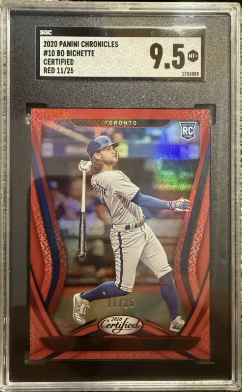 Fantasyguy23's tweet photo. Tonight's Bo Bichette jersey numbered PC addition: I picked up a 2020 Panini Chronicles Certified Red Parallel #d 11/25 in a SGC 9.5! @Nesterp99 @CardPurchaser @CardsCottage @zesty_mate https://t.co/gs4k3Ecn3T