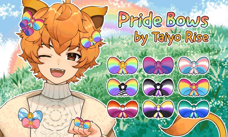 TaiyoRise's tweet photo. THEY’RE BACK THIS YEAR TOO!! PRIDE BOWS 🎀🌈🌈🌈 feel free to stick them on your model or anywhere on your stream and have fun with them, happy pride!! 😌🏳️‍🌈🏳️‍🌈🏳️‍🌈 https://t.co/zIzgexjbiI