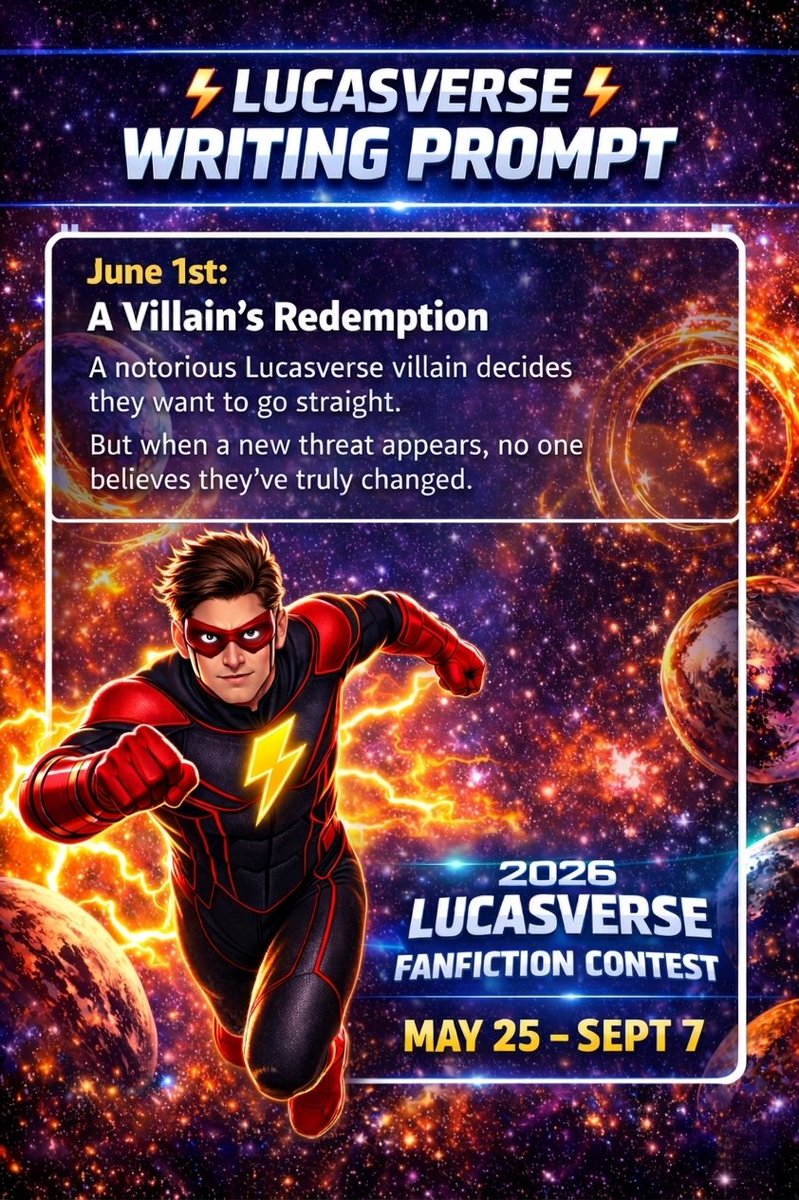 LucasFlintBooks's tweet photo. June 1st Prompt:
A Villain’s Redemption
A notorious Lucasverse villain decides they want to go straight. But when a new threat appears, no one believes they’ve truly changed.
Inspired by this prompt? Write your story and send it to contest@lucasflint.com! https://t.co/oEdZJ0OWll https://t.co/JPXJIetEZK