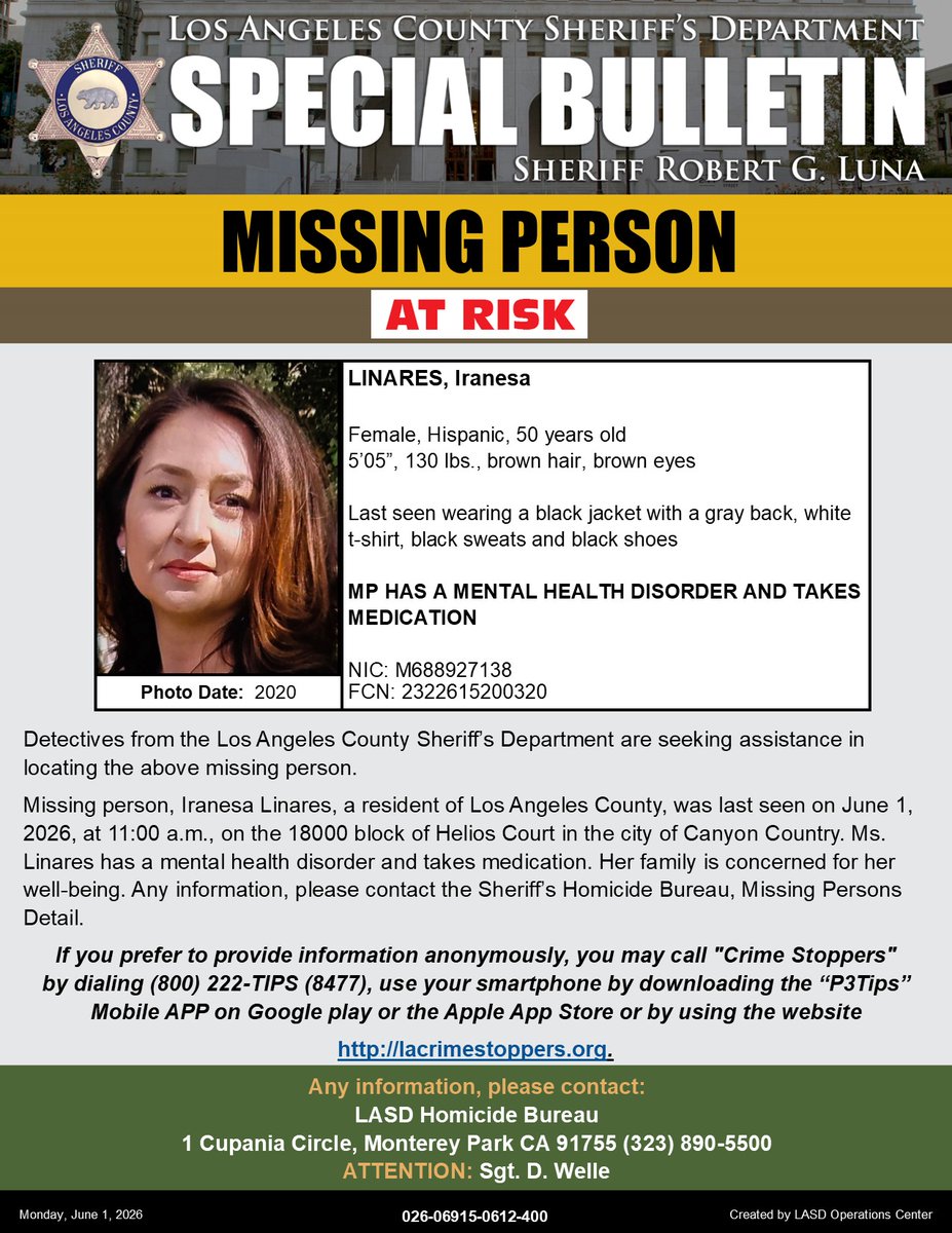 LASDHQ's tweet photo. #LASD is Asking for the Public’s Help Locating Missing Person Iranesa Linares, #CanyonCountry - https://t.co/GeHaZzwBBb https://t.co/DfyR31323U