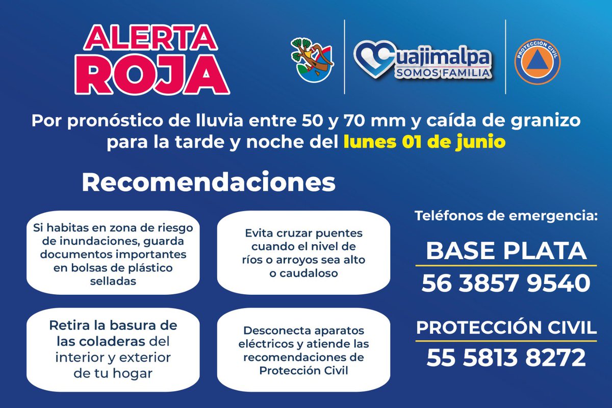 cuajimalpa_gob's tweet photo. 🚨Atención
Se activa #AlertaRoja en Cuajimalpa https://t.co/RshESip3b3