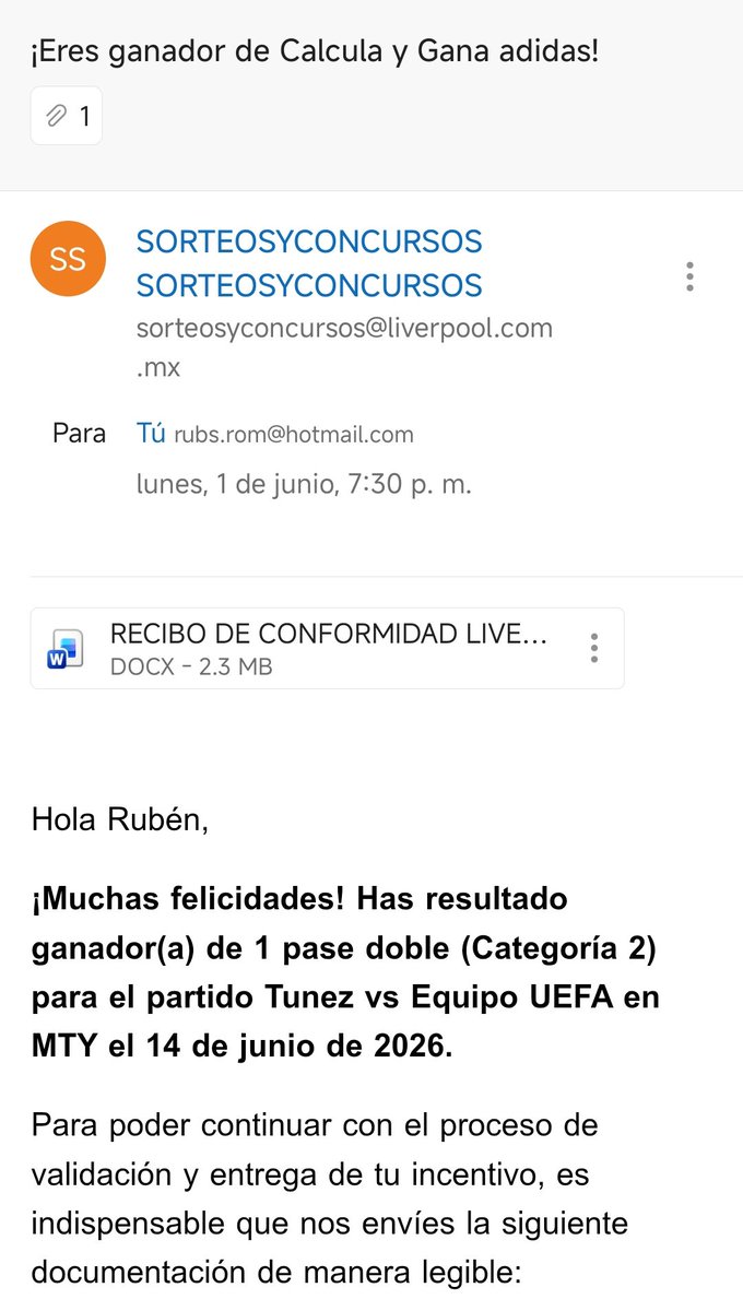 rubsfan's tweet photo. @liverpoolmexico me llegó este correo, de una dinámica en la que participé, quisiera saber si es verifico o se trata de algún fraude, como puedo saberlo? Gracias. https://t.co/hs6vkq1nGU