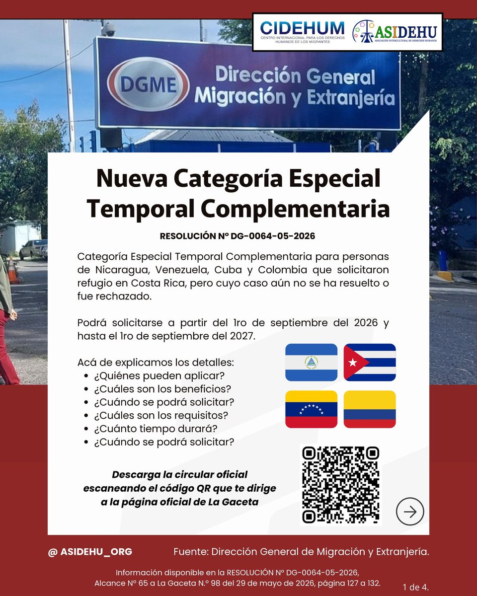 asidehu_org's tweet photo. 📢 ¿Conoces la nueva Categoría Especial Temporal Complementaria?

✅ Desde ASIDEHU y CIDEHUM hemos preparado una guía para explicar todoo acerca de esta nueva Categoría migratoria.

#ASIDEHU #Migración #Refugio #CostaRica #RegularizaciónMigratoria #MovilidadHumana #CIDEHUM https://t.co/SomPurM0kI