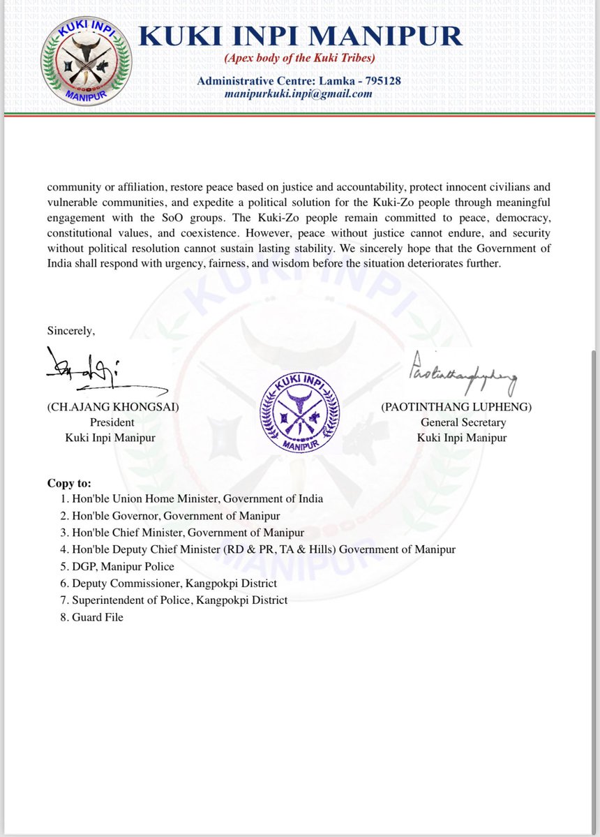 chinkukimizogin's tweet photo. Kuki Inpi Manipur Submits Memorandum to Prime Minister, Demands Justice and Political Solution

New Delhi, 01 June, 2026: Kuki Inpi Manipur (KIM), the apex body of the Kuki tribes, submitted a memorandum to Prime Minister Narendra Modi, seeking immediate intervention to address the ongoing crisis faced by the Kuki-Zo people in Manipur.

The memorandum highlights four key demands: justice for the killing of three Kuki-Zo church leaders on May 13, 2026; the immediate and unconditional release of 14 Kuki-Zo hostages allegedly detained in Senapati district; an end to violence, persecution, and selective justice against the Kuki-Zo community; and the expediting of a political solution through dialogue with Suspension of Operations (SoO) groups.

KIM stated that the Kuki-Zo people have endured over three years of violence, displacement, destruction of villages and churches, and repeated attacks on civilians. The organization urged the Government of India to ensure security, deliver justice impartially, punish perpetrators, safeguard constitutional rights, and initiate a lasting political settlement to restore peace and stability in the region.

#𝐂𝐇𝐈𝐊𝐈𝐌_𝐓𝐄_𝐀𝐖𝐆𝐈𝐍
@chinkukimizogin

#KukiZo
#KukiInpiManipur
#JusticeForKukiZo
#JusticeForThreePastors
#Release14KukiZoHostages
#StandWithKukiZo
#HumanRights
#ReligiousFreedom
#EndEthnicViolence
#StopPersecution
#ProtectCivilians
#EqualJustice
#PeaceWithJustice
#PoliticalSolutionNow
#SaveKukiZoPeople
#HumanRightsMatter
#VoiceForTheVoiceless
#JusticeDelayedJusticeDenied
#ConstitutionalRights
#ManipurCrisis