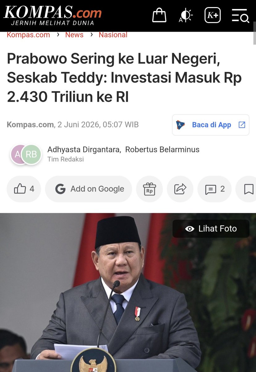 triwul82's tweet photo. Istana mulai gerah dengan kritik publik? Seskab Teddy mendadak rilis angka investasi Rp2.430 triliun untuk tamengi tingginya frekuensi kunker luar negeri Presiden Prabowo. Narasi yang megah, tapi mari kita bedah secara kritis.

Pertama, klaim investasi ratusan triliun dari kunker Jepang/Korsel kemarin baru status komitmen. Sejarah mencatat, banyak MoU investasi yang akhirnya menguap karena ruwetnya birokrasi domestik. Kedua, total realisasi Rp2.430 T itu kerja kolektif seluruh sektor, termasuk investasi domestik (PMDN), bukan cuma hasil "jalan-jalan" luar negeri.

Esensi kritik Dino Patti Djalal dan publik itu sederhana: di tengah situasi ekonomi yang menjepit rakyat, tunjukkan kepekaan anggaran. Gunakan teknologi, batasi rombongan, cerdas berdiplomasi. Menggunakan angka makro untuk membungkam kritik efisiensi adalah bentuk gagal fokus yang nyata.
.