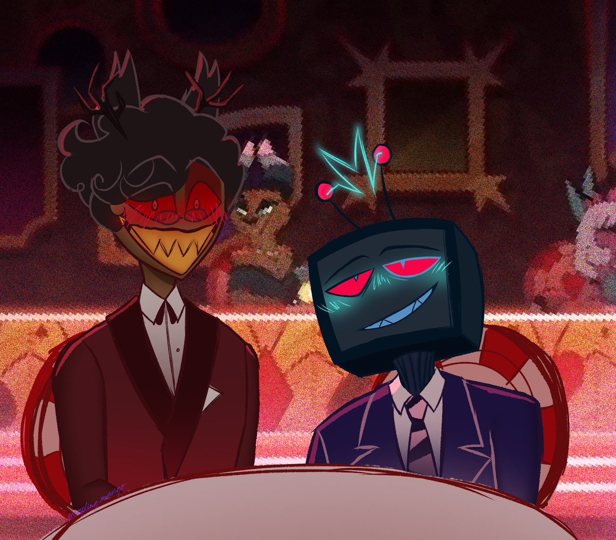 purpling_mango's tweet photo. in the 80s, before val became an overlord, she'd perform at a variety of casinos, bars, you name it.

one night, vox decided to take alastor to one of val's performances.

(backgrounds fron losin' streak.)

#RadioStaticMoth https://t.co/Z8B4FVZAs6