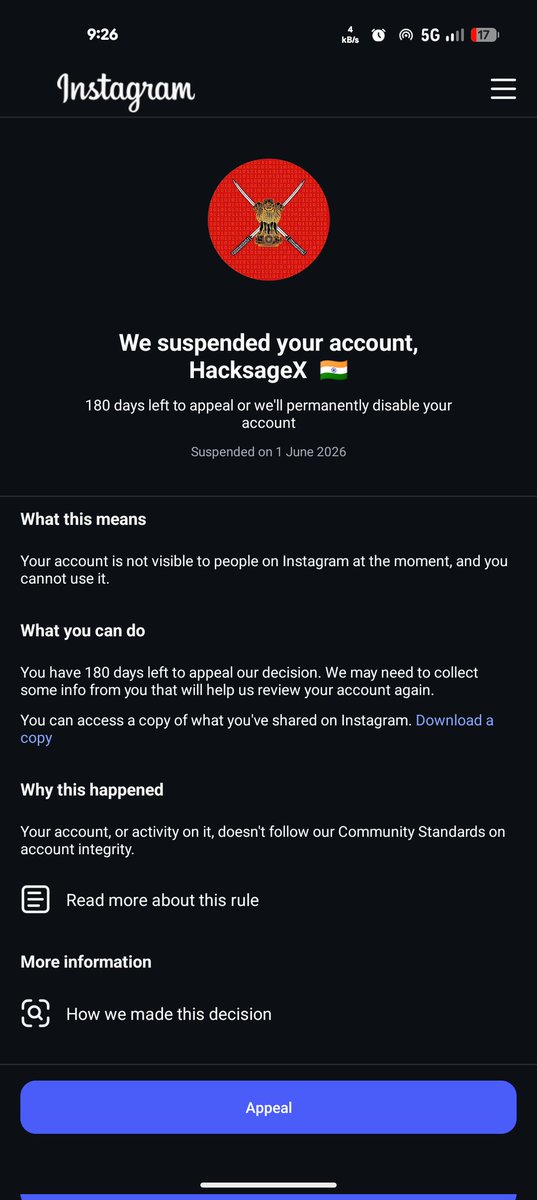 RealHackSage's tweet photo. Really frustrating to see @Instagram's automated system killing security education pages. My account hacksagex was suspended and the appeal was instantly rejected with zero explanation. https://t.co/rrydTyjiky