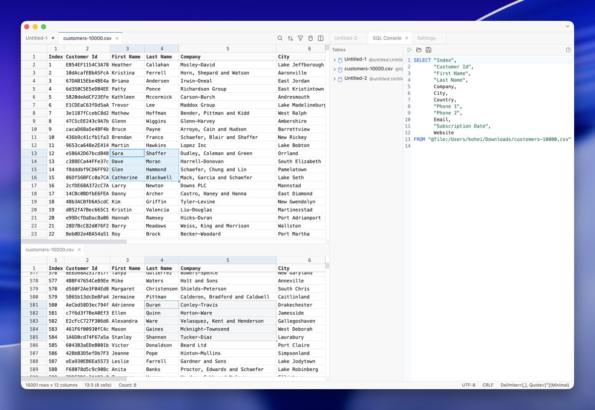 smoothcsv's tweet photo. SmoothCSV v3.21.0 is now available! 🚀

- Split the editor into a grid of groups
- Saved &amp; recent filters in the filter bar
- Stay open on macOS after closing all windows
- Many other improvements and fixes https://t.co/EGYwedOCrO