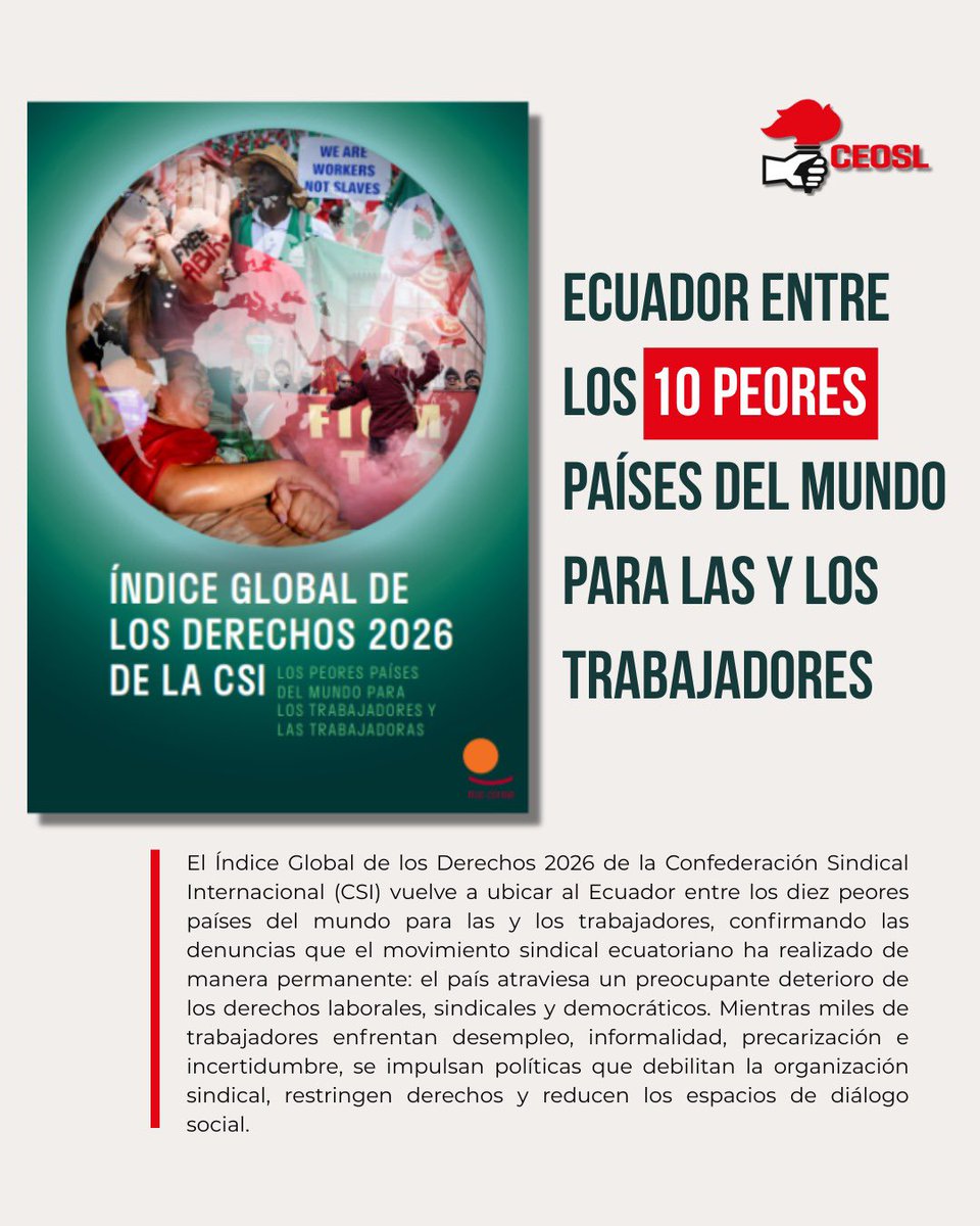 prensaceosl's tweet photo. 🚨 Ecuador entre los 10 peores países del mundo para las y los trabajadores.

El Índice Global de los Derechos 2026 de la Confederación Sindical Internacional (CSI) vuelve a ubicar al Ecuador entre los países con mayores vulneraciones a los derechos laborales y sindicales. Este informe refleja una realidad marcada por la precarización laboral, el desempleo, la informalidad y las restricciones al ejercicio de la libertad sindical.

📄 Consulta el informe completo aquí 👇

https://t.co/vPtt1MNouM

#JusticiaLaboral #JusticiaSocial #DerechosHumanos #DerechosSindicales #Democracia #CEOSLenAcción #Ecuador