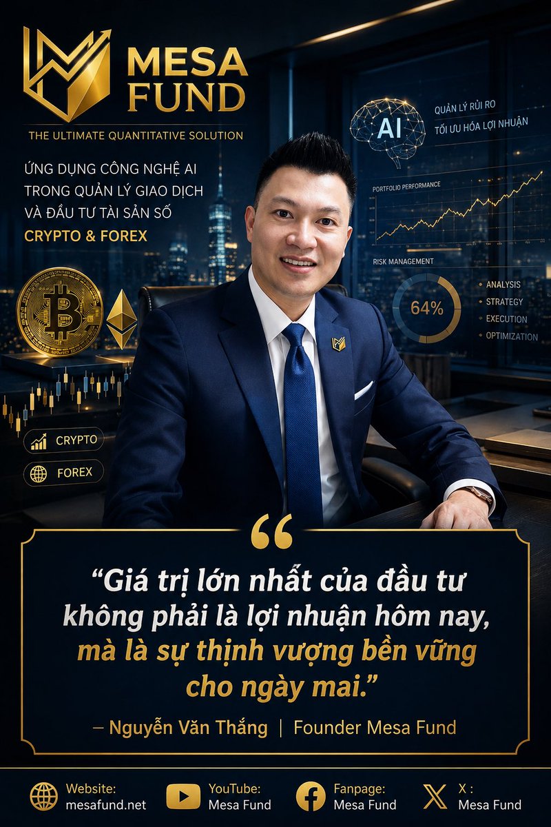 mesafund's tweet photo. Mesa Fund theo đuổi đầu tư kỷ luật, ứng dụng AI và quản trị rủi ro để tạo ra giá trị dài hạn cho nhà đầu tư.

— Nguyễn Văn Thắng | Founder &amp; CEO Mesa Fund
#MesaFund #NguyenVanThang #CEOMesaFund #AITrading #CryptoInvestment #ForexTrading #AssetManagement #Investmen https://t.co/pRdV9KBjra