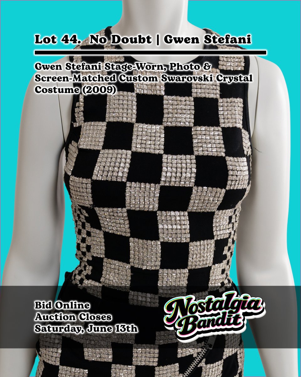 NostalgiaBandit's tweet photo. Lot 44.  No Doubt | Gwen Stefani Stage-Worn, Photo & Screen-Matched Custom Swarovski Crystal Costume (2009)

A custom made two-piece stage costume worn by Gwen Stefani of No Doubt during the band’s 2009 U.S. reunion tour — consisting of a sleeveless fitted top and matching shorts in black fabric densely hand-applied with Swarovski square-cut crystals in a bold checkerboard pattern. The costume is photo-matched to tour photography and screen-matched to live performance footage from the tour, and is accompanied by a Certificate of Authenticity signed by Lisa Kidd of Rebel Waltz Management (No Doubt’s management) on June 11, 2010, confirming it as an official item from No Doubt sold during the band’s eBay charity auction.

Online now.  

Closes Saturday, June 13th.

https://t.co/NOVwpmtKcP

#nostalgiabandit #NoDoubt #GwenStefani #SummerTour2009 #StageCostume #Costume #CustomMade #Swarovski #StageWorn #PhotoMatched #ScreenMatched #2000s #SkaPunk #AlternativeRock #Pop #NewWave #auction #authenticity #memorabilia #collector #collection #music #musicmemorabilia #auctioncatalog #provenance #authenticated #popculturearchaeology #raidyourpast #popcultureauction