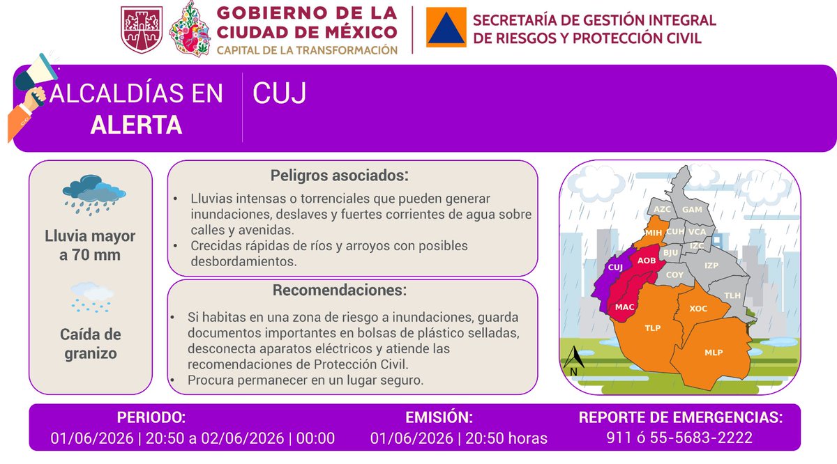 SGIRPC_CDMX's tweet photo. ⚠️ Se activa #AlertaPúrpura por intensificación de lluvias fuertes y posible caída de granizo para la noche del lunes 01/06/2026, en la demarcación: @cuajimalpa_gob.

Atiende las recomendaciones y mantente informado.

#PronósticoDelTiempo #LaPrevenciónEsNuestraFuerza https://t.co/dZM3rlNQ9j