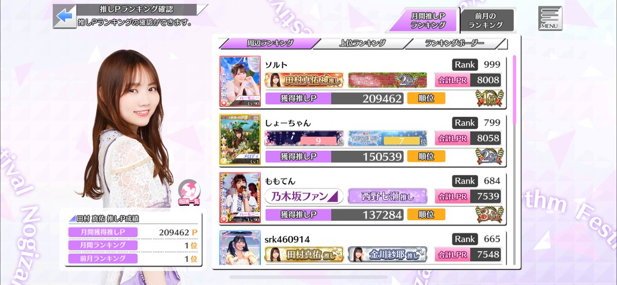 乃木坂46 田村真佑　乃木フェス リアイベ 乃木フェスツアー 2026年5月 推しPランキング 田村真佑 1位 (12回目