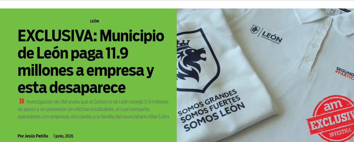 Tadeus_Politik's tweet photo. Lo que documenta hoy @periodicoam en el caso de @AllanLeon_  ventila el modus operandi del saqueo de los recursos públicos de nuestra ciudad.  Y lo que es peor, nadie sabe nada ni se hacen responsables en @municipio_leon . Mientras el PAN y Movimiento Ciudadano se fracturan y pelean por el control de la ciudad, el presupuesto de las y los leoneses termina triangulado en empresas fachada.

Además, el video de hoy del exfuncionario es una burla: presume inocencia escudándose en que la Contraloría Municipal, por cierto, controlada por la misma administración que lo cobijó, aún no ha emitido ninguna resolución.

Basta de los pactos de impunidad @AleGutierrez_mx .  La rendición de cuentas en León NO es opcional. León Merece funcionarios realmente comprometidos que amen a su ciudad y no que busquen dañarla.

#LeónMereceMás

https://t.co/0IlgWNIkql