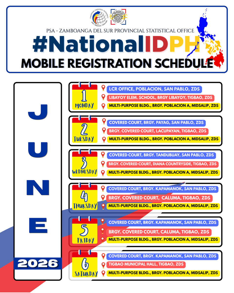 PSAZamboSur's tweet photo. #𝐍𝐚𝐭𝐢𝐨𝐧𝐚𝐥𝐈𝐃𝐏𝐇 𝐌𝐨𝐛𝐢𝐥𝐞 𝐑𝐞𝐠𝐢𝐬𝐭𝐫𝐚𝐭𝐢𝐨𝐧 𝐒𝐜𝐡𝐞𝐝𝐮𝐥𝐞 for 𝐉𝐮𝐧𝐞 𝟏-𝟔, 𝟐𝟎𝟐𝟔. https://t.co/FVKCwgyEs7