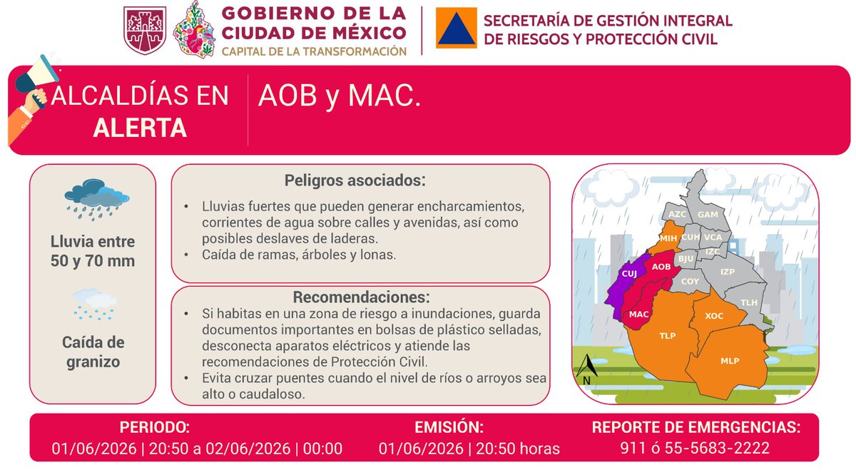 SGIRPC_CDMX's tweet photo. ⚠️ Se actualiza #AlertaRoja por persistencia de lluvias fuertes y posible caída de granizo para la noche del lunes 01/06/2026, en las demarcaciones: @AlcaldiaAO y @ALaMagdalenaC.

Atiende las recomendaciones y mantente informado.

#PronósticoDelTiempo #LaPrevenciónEsNuestraFuerza