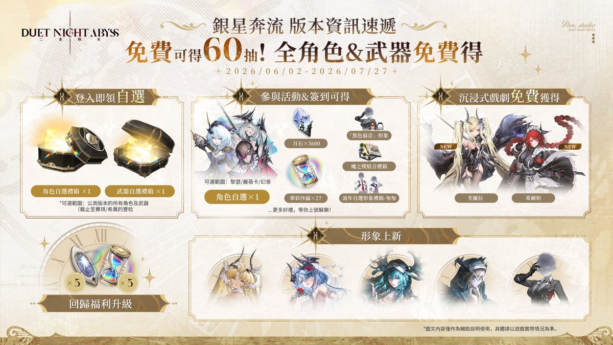 DNAbyss_TC's tweet photo. 《二重螺旋》全新版本「銀星奔流」正式開啟！

限時贈送外觀卡池60抽，登錄即領自選角色&amp;武器！
>>>更多獎勵詳情請見下圖

✦點擊下載遊戲：https://t.co/HtrqOBna8W

#二重螺旋 https://t.co/Hyugz8O32e