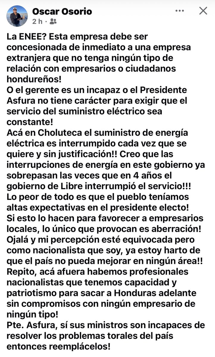 RomuloRME's tweet photo. Nacionalista reclama al presidente por interrupciones de energía en Choluteca …Éstas, se queja, ya superan las del gobierno anterior. Recomienda concesionar de inmediato la ENEE a una empresa extranjera que no tenga relación con empresarios o ciudadanos hondureños ! https://t.co/xjW0orFyb2