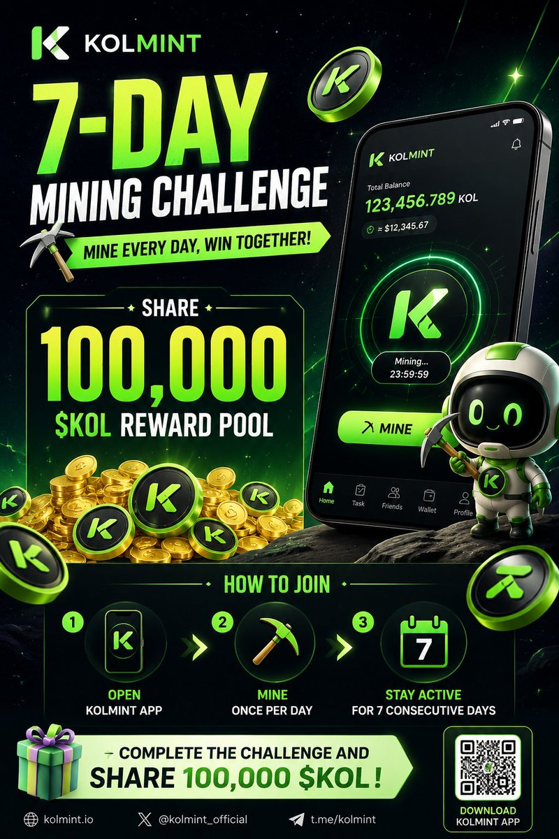 Demcnofficial's tweet photo. 🚀 KOLMint 7-Day Mining Challenge

💰 100,000 $KOL Reward Pool

How to Join:
✅ Open the KOLMint App
✅ Mine once per day
✅ Stay active for 7 consecutive days

🎁 All users who complete the challenge will share the 100,000 $KOL reward pool.
⏳ Start now!
#KOLMint #MiningChallenge 🪐⚡