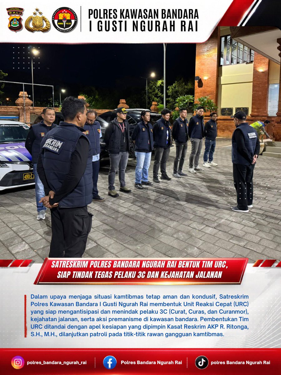 BandaraIgn's tweet photo. Satreskrim Polres Bandara Ngurah Rai Bentuk Tim URC

Dalam upaya menjaga situasi kamtibmas tetap aman dan kondusif, Satreskrim Polres Kawasan Bandara I Gusti Ngurah Rai membentuk Unit Reaksi Cepat (URC) yang siap mengantisipasi dan menindak pelaku 3C https://t.co/RG4HT51z7f