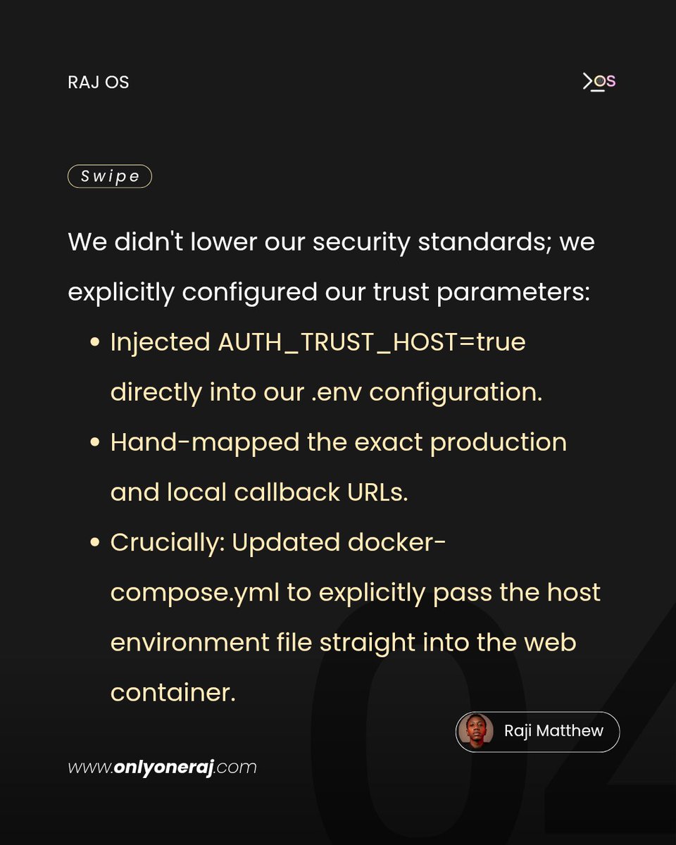 Only_OneRaj's tweet photo. Why does a containerized Next.js app treat your local login attempts like a malicious spoofing attack? It all comes down to virtual network boundaries. https://t.co/FYXFYPasFl