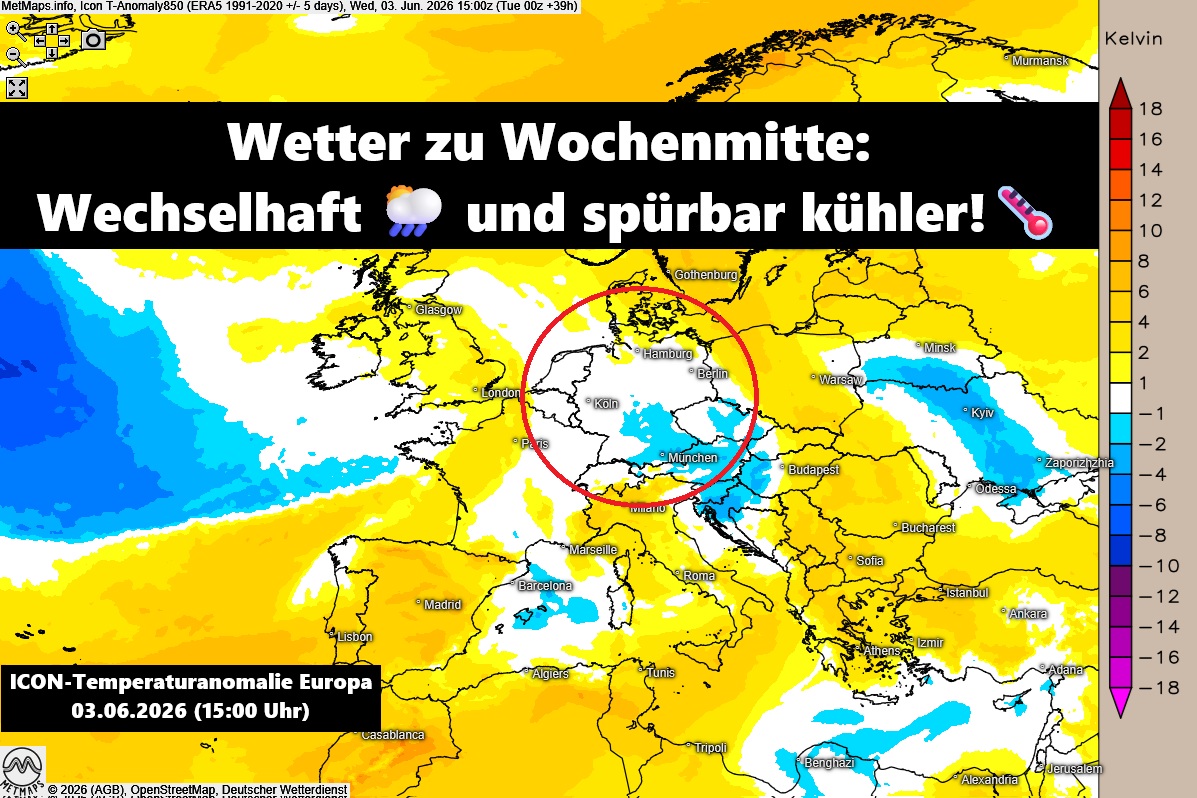 DonnerwetterDe's tweet photo. Zur Wochenmitte erwartet uns morgen ein deutlicher Temperatursturz! 🌡️📉

Hier für Euch die Temperaturanomalie Europa am Mittwochnachmittag (15:00)!

Die Aussichten für Mittwoch im Detail findet Ihr hier
👉 https://t.co/ORlFiSGevb

#Abkühlung #Wechselwetter #Schafskälte #Juniwetter #Wetterbericht #Donnerwetter #Wetter
