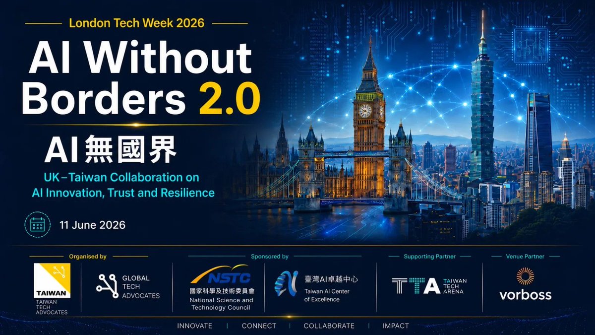 GlobalTechAdv's tweet photo. 🎟️ @TLA_Taiwan AI Without Borders 2.0
📍 @vorboss 
⏰ 11 June

AI Without Borders 2.0 brings together leaders from the UK and Taiwan across AI innovation, trusted AI, governance, research, investment and entrepreneurship.

Register 👇
https://t.co/DbZGRI1BtG https://t.co/Y1SQRA0bwH