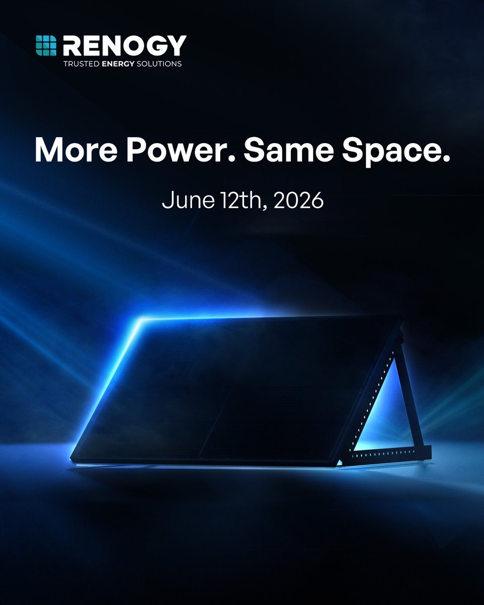 Renogy's tweet photo. More Power. Same Space.
Something new from Renogy drops June 12th. 👀 #Renogy #ComingSoon https://t.co/PE1DLZz3hl