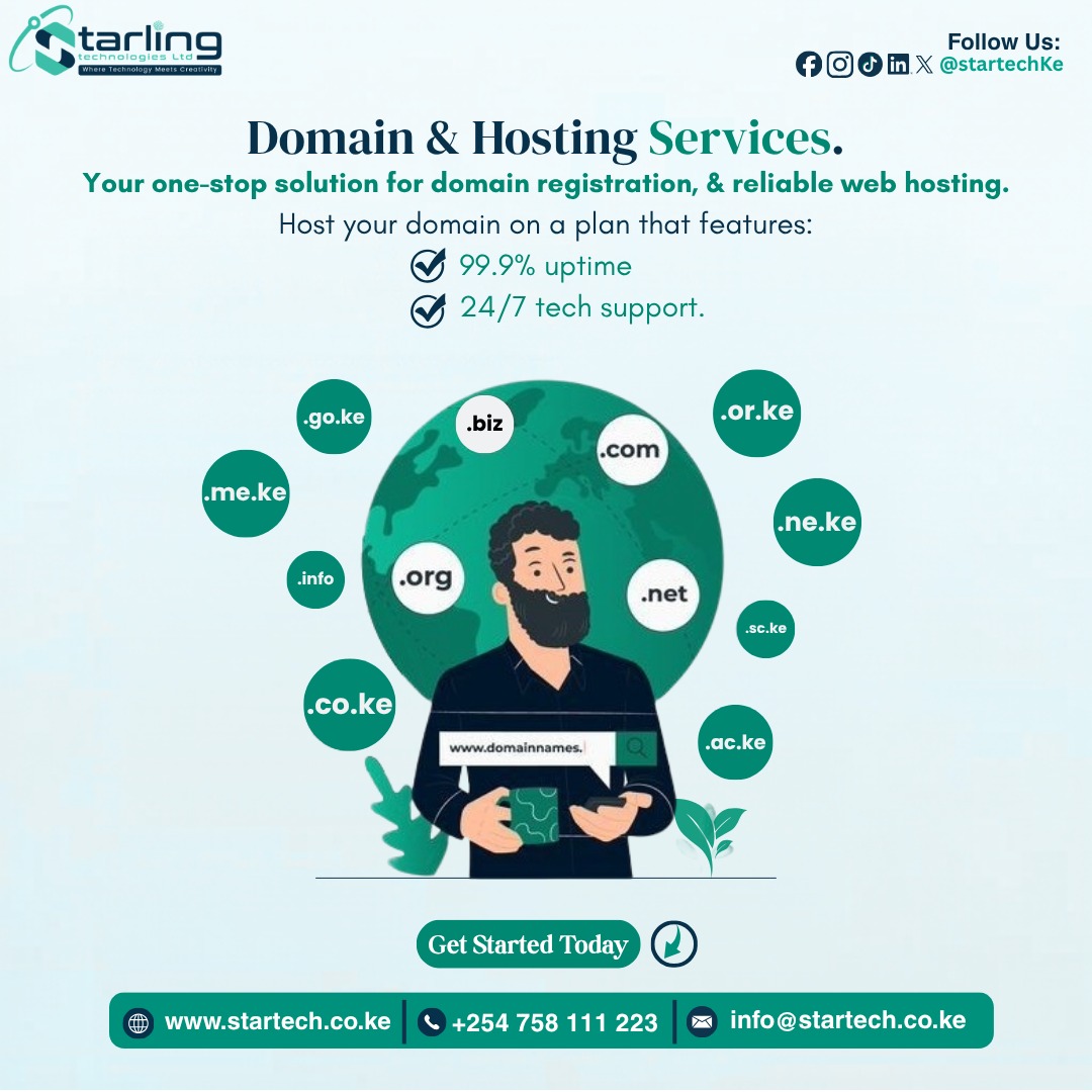 startechKE's tweet photo. Get secure domain registration and reliable hosting all under one roof with Starling Technologies Ltd.
Get started today! 👇
📞 +254 758 111 223
🌐 https://t.co/cPYftp5ZwY 📧 info@startech.co.ke
#WebHosting #DomainRegistration #TechSupport #StartechKe #CloudHosting https://t.co/UEZ1hYNcyj
