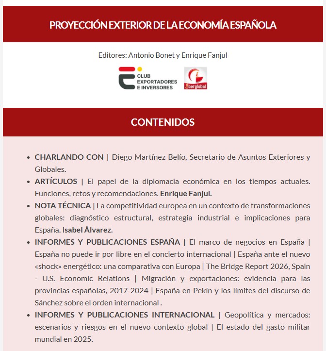 Iberglobal's tweet photo. Nuevo número (mayo) de la revista Proyección Exterior de la Economía Española, que publican Iberglobal y el Club de Exportadores.
Puede ver el índice del número en la imagen adjunta.
Acceso a la revista:
https://t.co/UiVUSiK9A8
Subscríbase:
https://t.co/ucicMhaMMA https://t.co/Ps36MMmWaq
